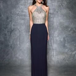 In Stock Nina Canacci 7255 Size 2, 4 Long Crystal Halter Formal Dress Fitted Gown