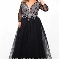 Ballgown Dresses Sydney's Closet SC7299 Sheer Sleeves Tulle Prom Dress Ball Gown Lace Top And Sleeves SC 7299