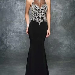 In Stock Nina Canacci 7370 Size 6 Black Embellished Fitted High Neck Dress Formal Evening