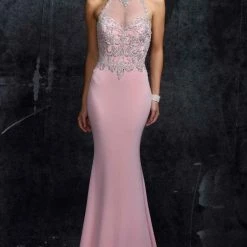 In Stock Nina Canacci 7370 Size 6 Black Embellished Fitted High Neck Dress Formal Evening