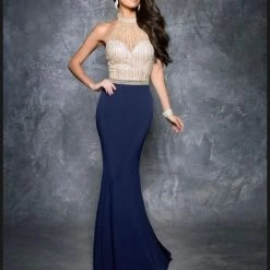 In Stock Nina Canacci 7372 Size 2 Long Fitted High Neck Navy Formal Dress Pageant