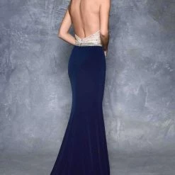 In Stock Nina Canacci 7372 Size 2 Long Fitted High Neck Navy Formal Dress Pageant
