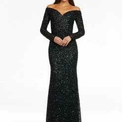 Ashleylauren Ashley Lauren 11176 Off The Shoulder Sequin Evening Gown With Long Sleeves Sequin Dresses