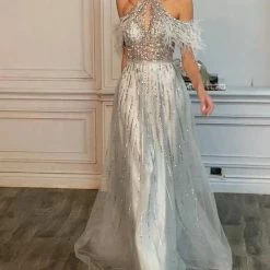 Andrea & Leo Couture Andrea & Leo ANASTASIA A1023 A Line Sheer Feather Beaded Formal Dress Off Shoulder