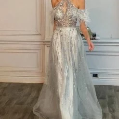 In Stock Andrea & Leo ANASTASIA A1023 Size 6 A Line Sheer Feather Beaded Formal Dress Off Shoulder