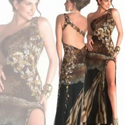 In Stock Mac Duggal 76196 Size 4 Animal Print Sequin One Shoulder Prom Dress Backless Formal Backless Dresses