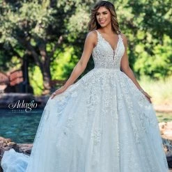 Adagio Bridal W9371 Beaded Tulle A Line Wedding Dress Bridal Ball Gown V Neckline Lace 9371 Ballgown Dresses