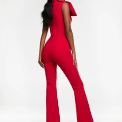 Ashleylauren Ashley Lauren 11098 Jumpsuit Large Bow Neckline Scuba Flared Legs