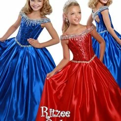 In Stock Ritzee Girls 7707 Size 10 Long Satin Pageant Dress Sequin Off The Shoulder Ballgown Tassel Ballgown Dresses