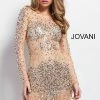 Long Sleeve Dresses Jovani 7757 Nude Cocktail Dress Sheer Long Sleeve Beaded Short Dress 7757