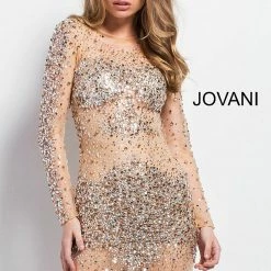 Long Sleeve Dresses Jovani 7757 Nude Cocktail Dress Sheer Long Sleeve Beaded Short Dress 7757