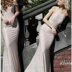 In Stock Jovani JVN60139 Blush Shimmer Prom Dress Long Glitter Gown Off The Shoulder Size 6 Long Sleeve Dresses