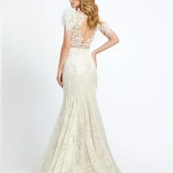 Mac Duggal 79230 Mermaid Metallic Lace Feather Formal Dress Pageant Prom Gown