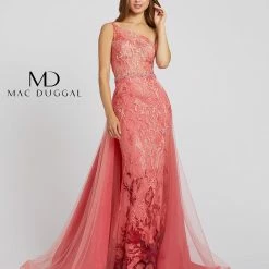 Discontinued Ombre Dresses Mac Duggal 79290M Long Lace One Shoulder Sheer Overskirt Prom Dress Pageant