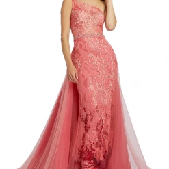 Discontinued Ombre Dresses Mac Duggal 79290M Long Lace One Shoulder Sheer Overskirt Prom Dress Pageant