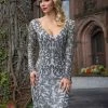 Discontinued Long Sleeve Dresses Primavera Couture 3173 Pewter Long Sleeve Beaded Evening Gown