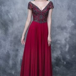In Stock Nina Canacci 3128 Long A Line Cap Sleeve Formal Evening Dress Sheer Lace Size 4,8,10 Long Sleeve Dresses