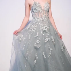 Andrea & Leo Couture Andrea & Leo SOPHIA A0892 A Line Shimmer Sheer Ballgown Formal Dress Floral Lace Dress