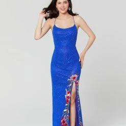 In Stock Primavera Couture 3427 Size 4, 10 Royal Blue Sequin Beaded Prom Dress Floral Slit Details