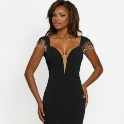 Discontinued Johnathan Kayne 2275 Plunging Neckline Fringe Cap Sleeve Evening Gown Prom Dress Fringe & Tassels