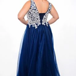 In Stock Sydney's Closet SC7291 Size 14 Navy Prom Dress V Neckline Lace Bodice Tulle Ball Gown SC 7291 Ballgown Dresses