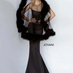 Mermaid Dresses Jovani 1142 Fitted Mermaid Evening Gown With Sheer Fur Trim Cape