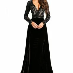 Long Sleeve Dresses Johnathan Kayne 8013 Velvet Pageant Gown Long Sleeve Open Back Prom Dress Stretch Velvet Overskirt