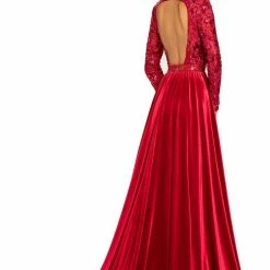 Long Sleeve Dresses Johnathan Kayne 8013 Velvet Pageant Gown Long Sleeve Open Back Prom Dress Stretch Velvet Overskirt