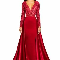 Long Sleeve Dresses Johnathan Kayne 8013 Velvet Pageant Gown Long Sleeve Open Back Prom Dress Stretch Velvet Overskirt
