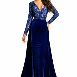 Long Sleeve Dresses Johnathan Kayne 8013 Velvet Pageant Gown Long Sleeve Open Back Prom Dress Stretch Velvet Overskirt