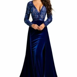 Long Sleeve Dresses Johnathan Kayne 8013 Velvet Pageant Gown Long Sleeve Open Back Prom Dress Stretch Velvet Overskirt