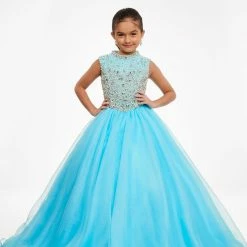 Ballgown Dresses Ashley Lauren Kids 8072 Long High Neck Beaded Bodice A Line Pageant Dress