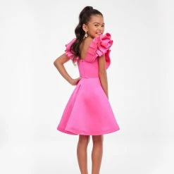 Short Prom Dresses Ashley Lauren Kids 8081 Girls Short Satin Pageant Cocktail Dress Ruffle Bows V Neck
