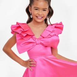 Short Prom Dresses Ashley Lauren Kids 8081 Girls Short Satin Pageant Cocktail Dress Ruffle Bows V Neck