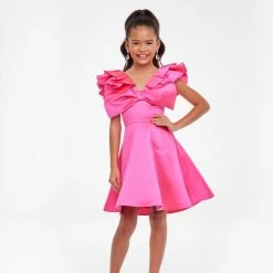 Short Prom Dresses Ashley Lauren Kids 8081 Girls Short Satin Pageant Cocktail Dress Ruffle Bows V Neck