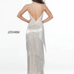 Fringe & Tassels Jovani 8101 Silver Nude Plunging Neck Evening Gown Fringe Prom Dress Pageant Gown