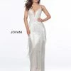 Fringe & Tassels Jovani 8101 Silver Nude Plunging Neck Evening Gown Fringe Prom Dress Pageant Gown