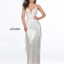 Fringe & Tassels Jovani 8101 Silver Nude Plunging Neck Evening Gown Fringe Prom Dress Pageant Gown