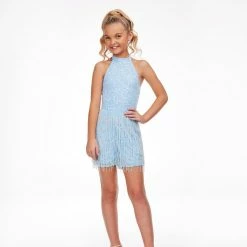 Ashley Lauren Kids 8104 Girls Short Romper Fringe Sequin Fun Fashion Halter High Neck