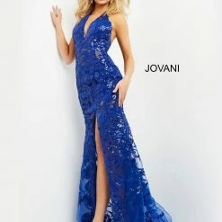 Jovani 8110 Embellished Prom Dress V Neckline Slit Evening Gown Backless Sequin Backless Dresses