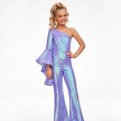 Ashley Lauren Kids 8110 One Shoulder Jumpsuit Long Bell Sleeve Sequin Pageant Jumpsuits & Rompers