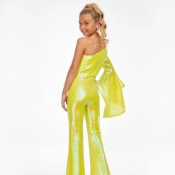 Ashley Lauren Kids 8110 One Shoulder Jumpsuit Long Bell Sleeve Sequin Pageant Jumpsuits & Rompers