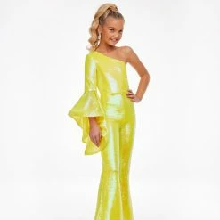 Ashley Lauren Kids 8110 One Shoulder Jumpsuit Long Bell Sleeve Sequin Pageant Jumpsuits & Rompers