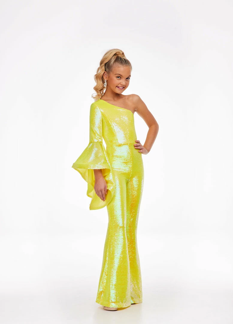 In Stock Ashley Lauren Kids 8110 Size 8 Yellow One Shoulder Jumpsuit Long Bell Sleeve Sequin Pageant 3 In Stock Ashley Lauren Kids 8110 Size 8 Yellow One Shoulder Jumpsuit Long Bell Sleeve Sequin Pageant