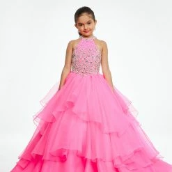 Ashley Lauren Kids 8112 Girls Halter Layered Pageant Dress Halter Crystal Embellished Ballgown Dresses
