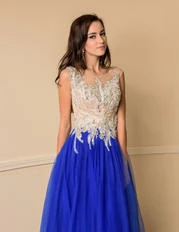 In Stock Vienna Prom 8118 Size 4 Royal Sheer Neckline Embellished A Line Prom Dress Sheer Back Ballgown Dresses