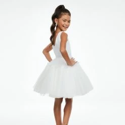 Ashley Lauren Kids 8123 Short Pleated Tulle Girls Cocktail Formal Party Dress Knee Length Short Prom Dresses