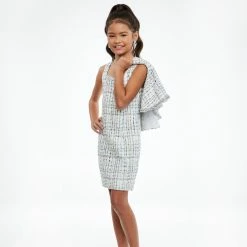 Ashley Lauren Kids Ashley Lauren 8129 Girls Short Fitted Tweed With Cape Pageant Wear Cocktail Dress