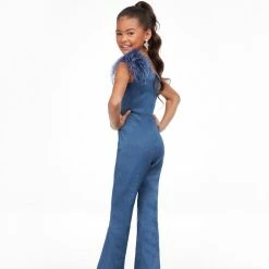 Ashley Lauren Kids 8135 One Shoulder Denim Jumpsuit Feather Pageant Wear Girls