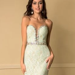In Stock CLEARANCE Vienna 8136 Mint Size 4 Lace Prom Dress Pageant Gown Crystal Plunging Neckline